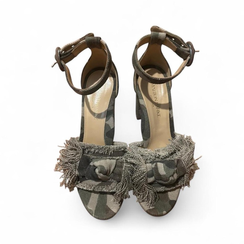 Marion Parke Olive Green Camouflage Fringe Ankle Strap Heels